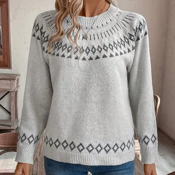 Grey Casual Women's Crew Neck Geometric Print Long Sleeve Sweater - Picture 4 of 6